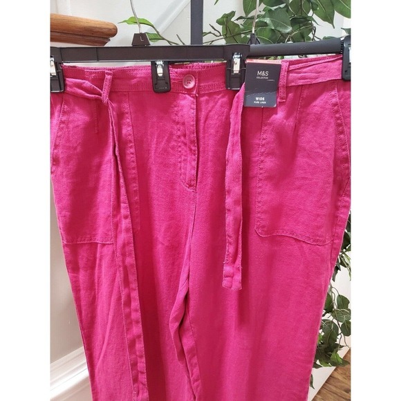 M&S Collection Women Pink 100% Linen Mid Rise Pull On Wide Legs Regular Pants 18 - Picture 3 of 12